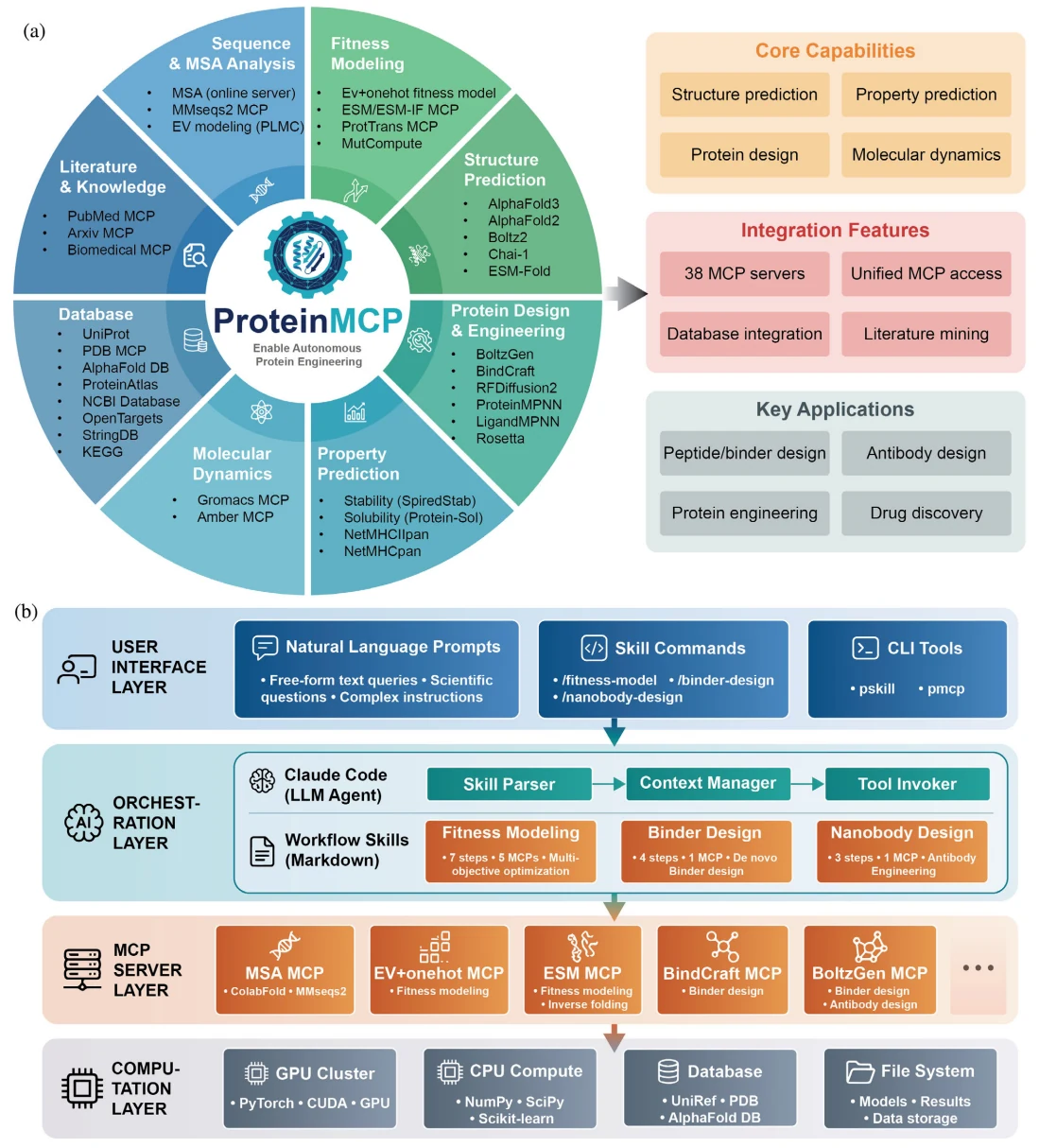Figure 1 from ProteinMCP: An agentic AI framework for autonomous protein engineering: Two-panel overview of the ProteinMCP module ecosystem and its interface, orchestration, server, and computation layers.