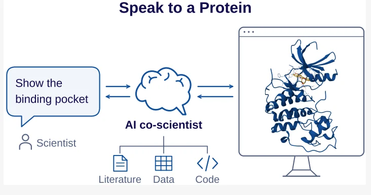 Graphical abstract from Speak to a Protein: An Interactive Multimodal Co-Scientistfor Protein Analysis: Graphical overview linking a user query, an AI co-scientist, analysis resources, and an interactive protein structure.