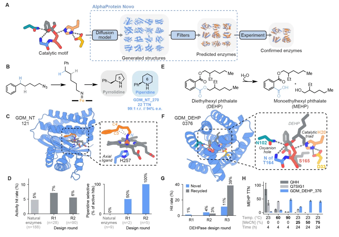 Figure 1 from Designing enzymes for new-to-nature chemistry and non-natural substrates with AlphaProtein Novo: Complete eight-panel Figure 1 with the design pipeline, reaction diagrams, structural views, and activity comparisons.